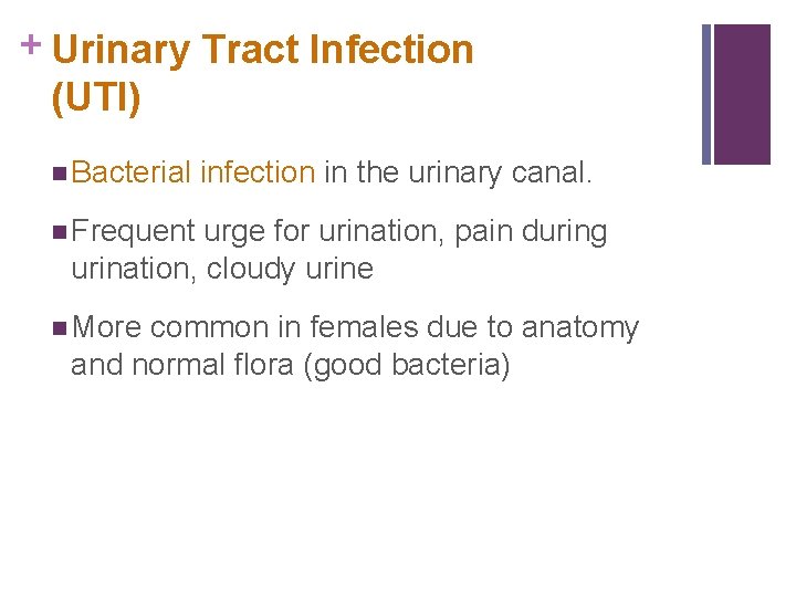 + Urinary Tract Infection (UTI) n Bacterial infection in the urinary canal. n Frequent