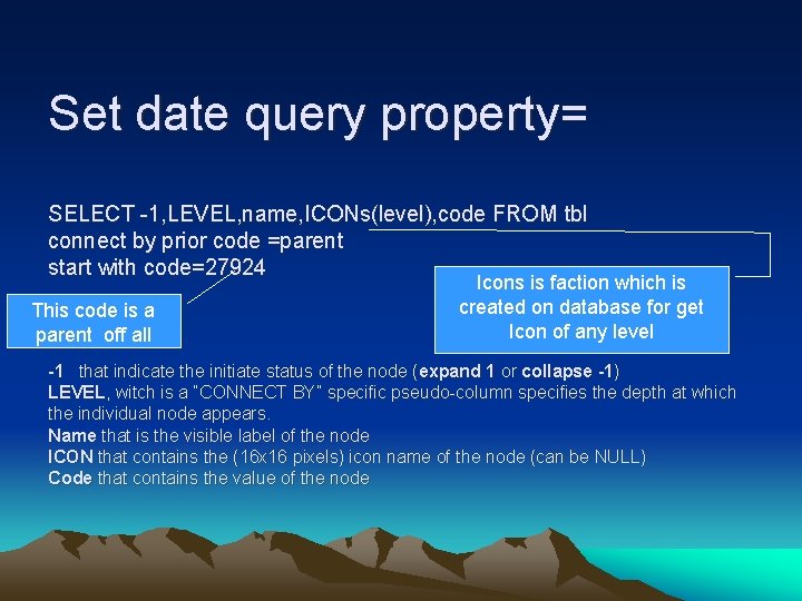 Set date query property= SELECT -1, LEVEL, name, ICONs(level), code FROM tbl connect by