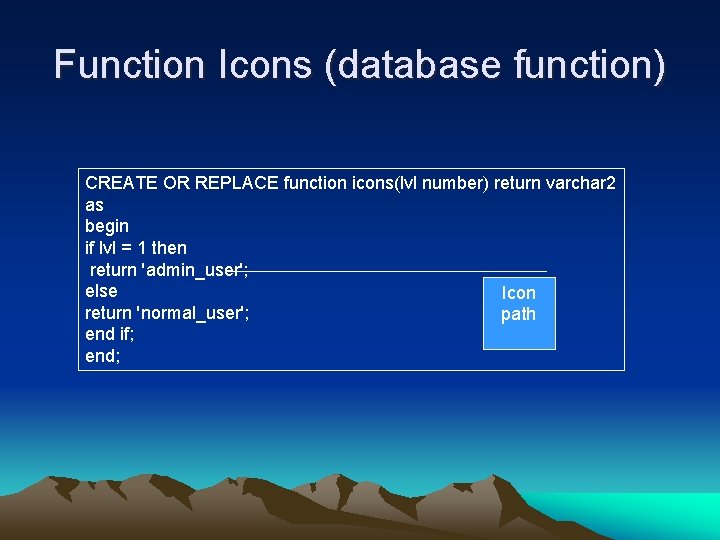 Function Icons (database function) CREATE OR REPLACE function icons(lvl number) return varchar 2 as
