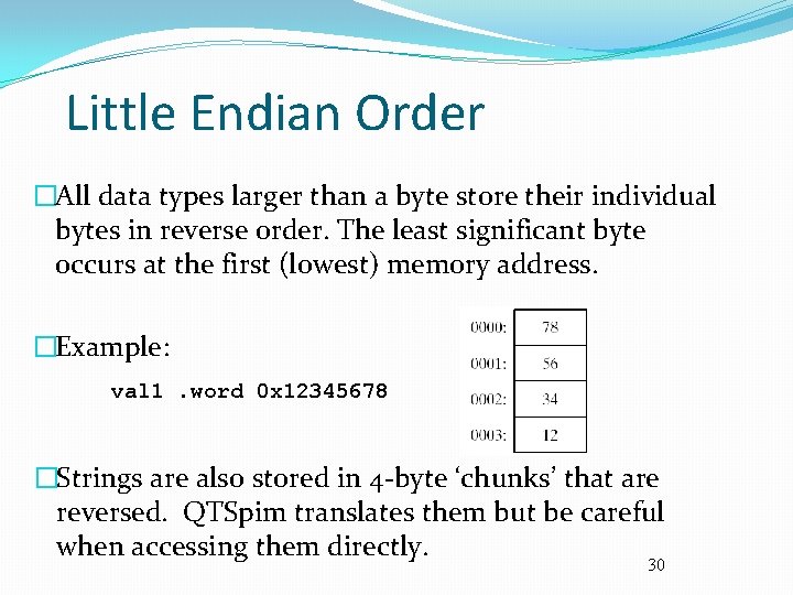 Little Endian Order �All data types larger than a byte store their individual bytes