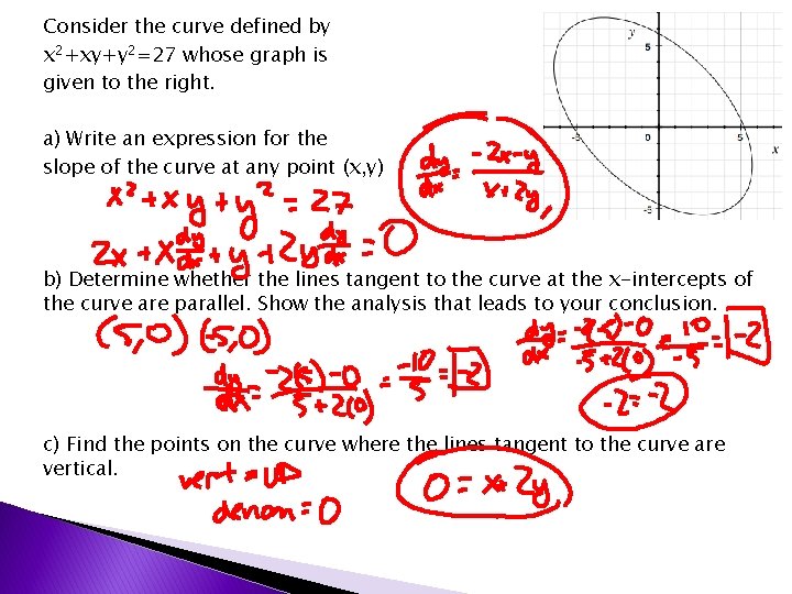Consider the curve defined by x 2+xy+y 2=27 whose graph is given to the