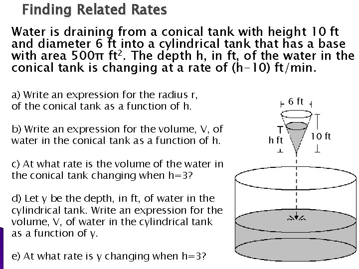 Finding Related Rates Water is draining from a conical tank with height 10 ft
