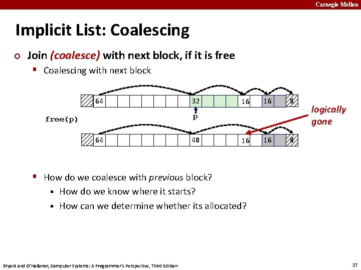 Carnegie Mellon Implicit List: Coalescing ¢ Join (coalesce) with next block, if it is