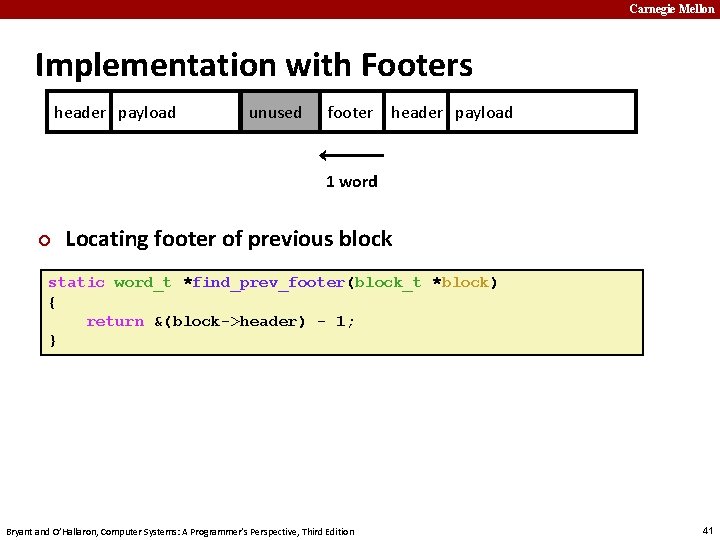 Carnegie Mellon Implementation with Footers header payload unused footer header payload 1 word ¢