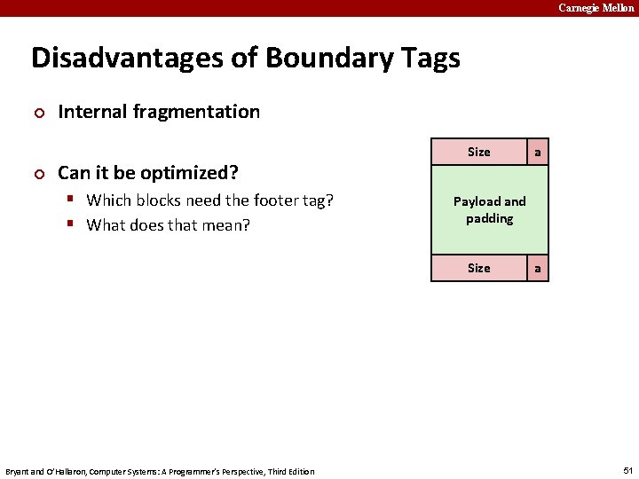 Carnegie Mellon Disadvantages of Boundary Tags ¢ ¢ Internal fragmentation Can it be optimized?