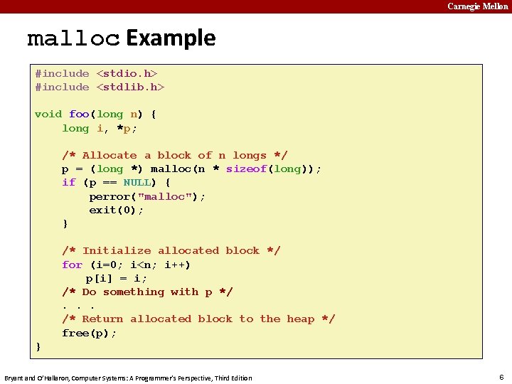 Carnegie Mellon malloc Example #include <stdio. h> #include <stdlib. h> void foo(long n) {