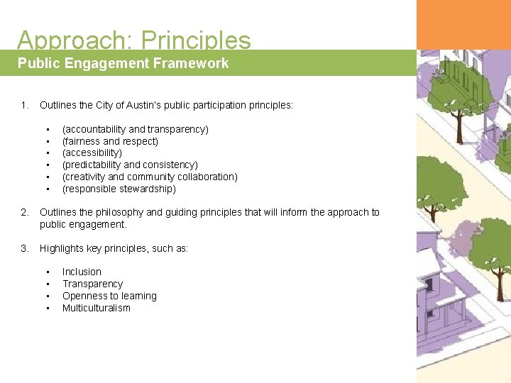 Approach: Principles Public Engagement Framework 1. Outlines the City of Austin’s public participation principles: