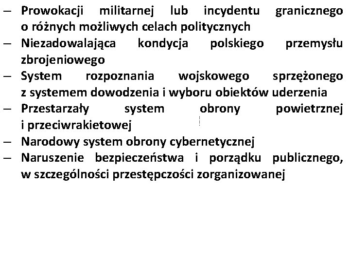 – Prowokacji militarnej lub incydentu granicznego o różnych możliwych celach politycznych – Niezadowalająca kondycja