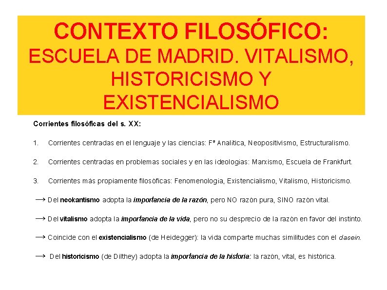 CONTEXTO FILOSÓFICO: ESCUELA DE MADRID. VITALISMO, HISTORICISMO Y Ortega, inspirador y EXISTENCIALISMO alma de