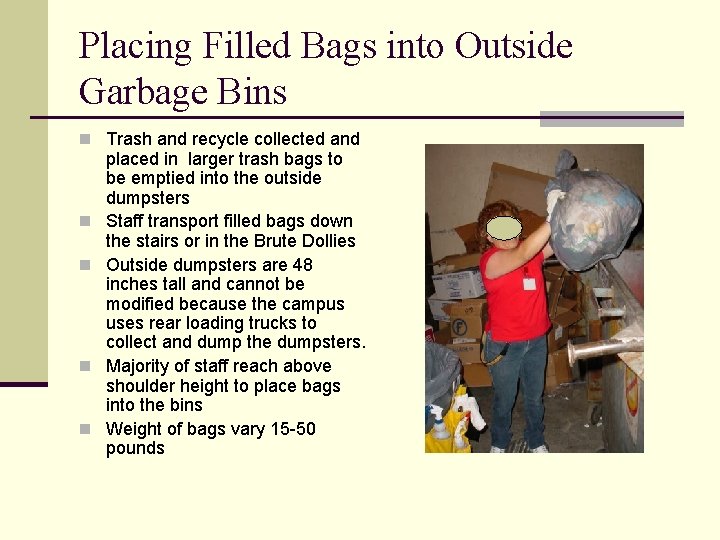 Placing Filled Bags into Outside Garbage Bins n Trash and recycle collected and n