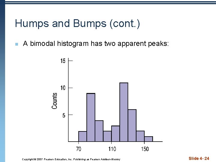 Humps and Bumps (cont. ) n A bimodal histogram has two apparent peaks: Copyright