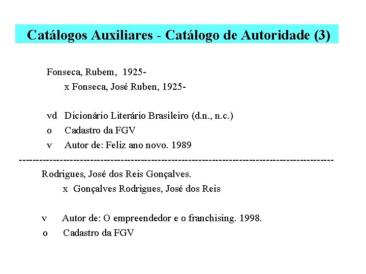 Catálogos Auxiliares - Catálogo de Autoridade (3) Fonseca, Rubem, 1925 x Fonseca, José Ruben,