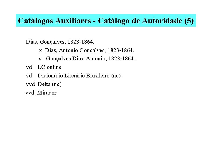Catálogos Auxiliares - Catálogo de Autoridade (5) Dias, Gonçalves, 1823 -1864. x Dias, Antonio
