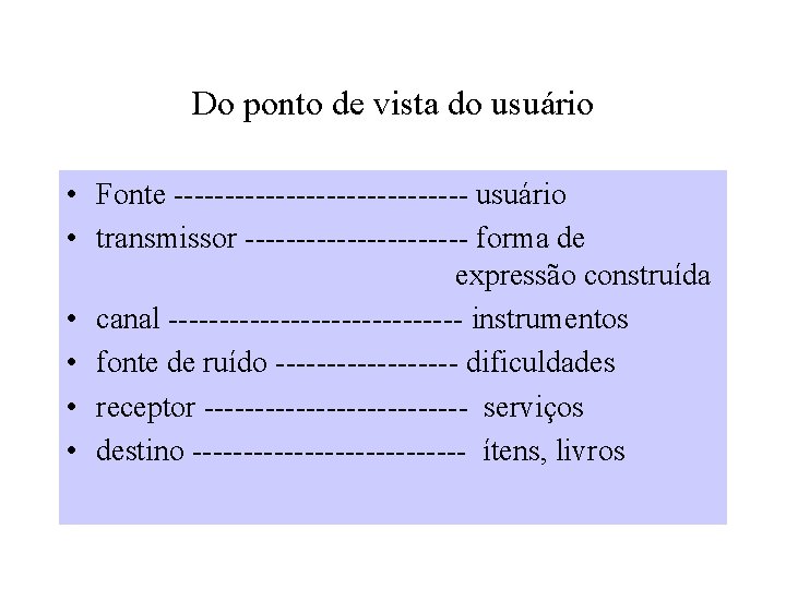 Do ponto de vista do usuário • Fonte --------------- usuário • transmissor ----------- forma