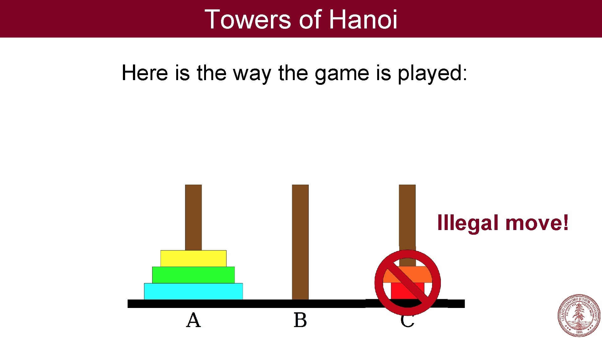 Towers of Hanoi Here is the way the game is played: Illegal move! 