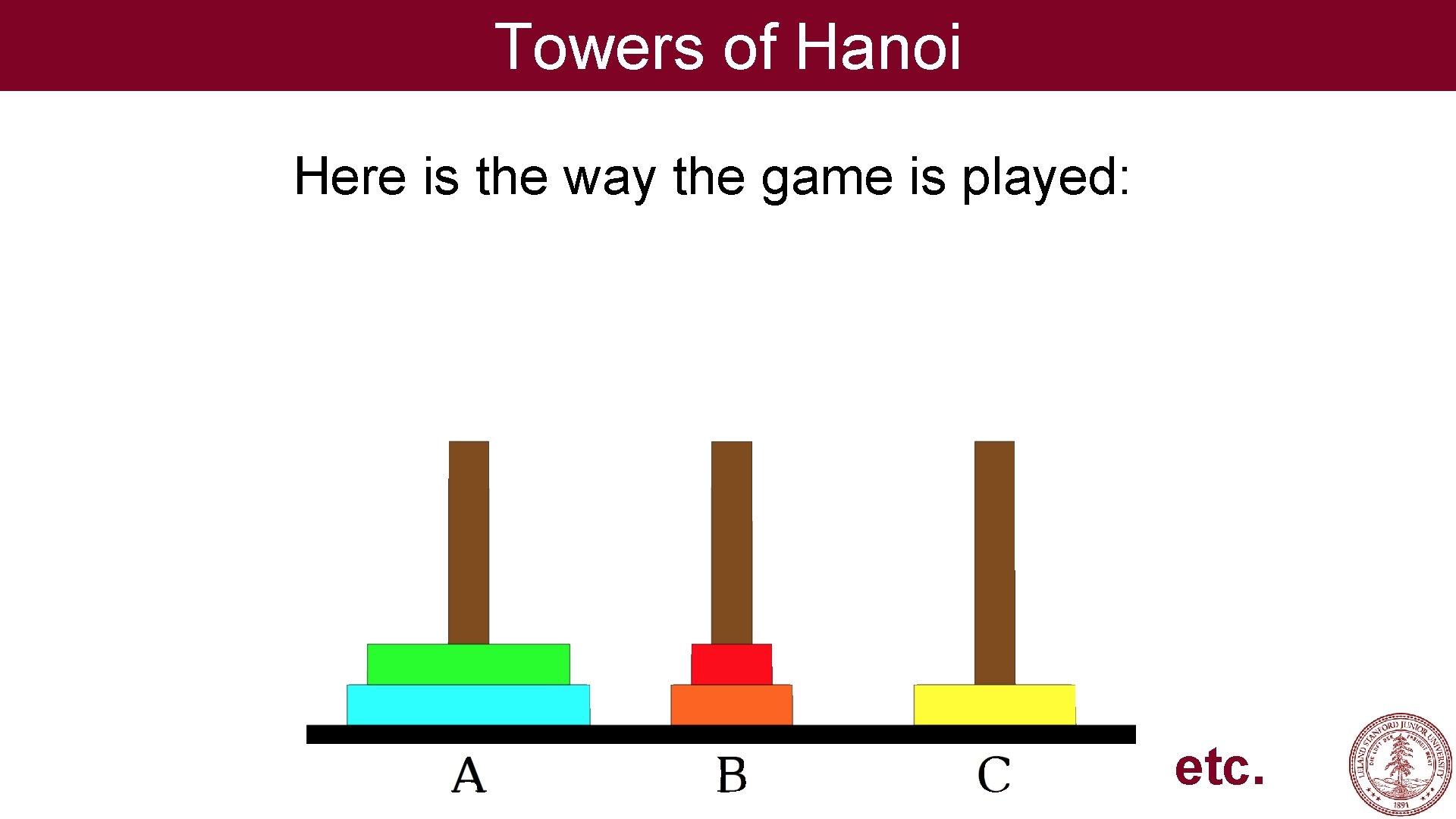 Towers of Hanoi Here is the way the game is played: etc. 