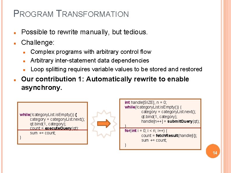 PROGRAM TRANSFORMATION Possible to rewrite manually, but tedious. Challenge: Complex programs with arbitrary control