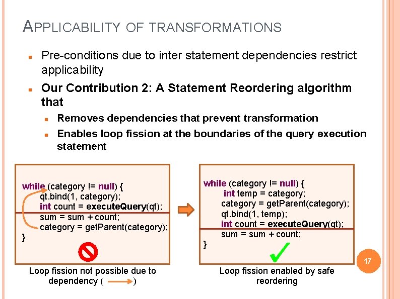 APPLICABILITY OF TRANSFORMATIONS Pre-conditions due to inter statement dependencies restrict applicability Our Contribution 2: