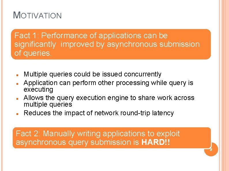 MOTIVATION Fact 1: Performance of applications can be significantly improved by asynchronous submission of