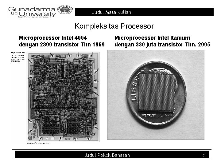 Judul Mata Kuliah Kompleksitas Processor Microprocessor Intel 4004 dengan 2300 transistor Thn 1969 Microprocessor