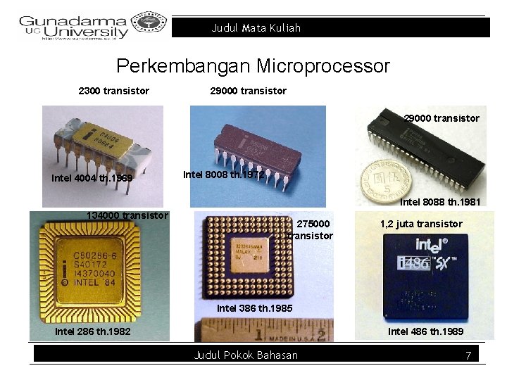 Judul Mata Kuliah Perkembangan Microprocessor 2300 transistor 29000 transistor Intel 4004 th. 1969 Intel