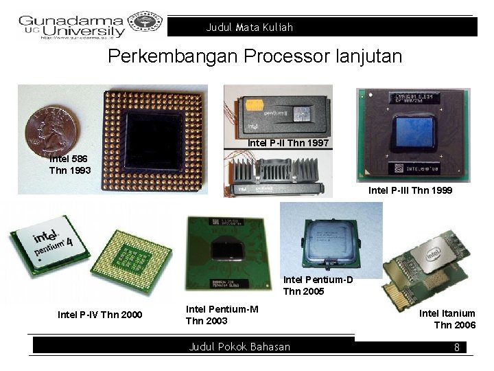 Judul Mata Kuliah Perkembangan Processor lanjutan Intel P-II Thn 1997 Intel 586 Thn 1993