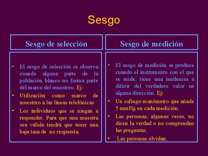 Sesgo de selección Sesgo de medición • El sesgo de selección se observa cuando