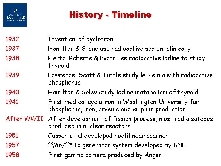 History - Timeline 1932 Invention of cyclotron 1937 Hamilton & Stone use radioactive sodium