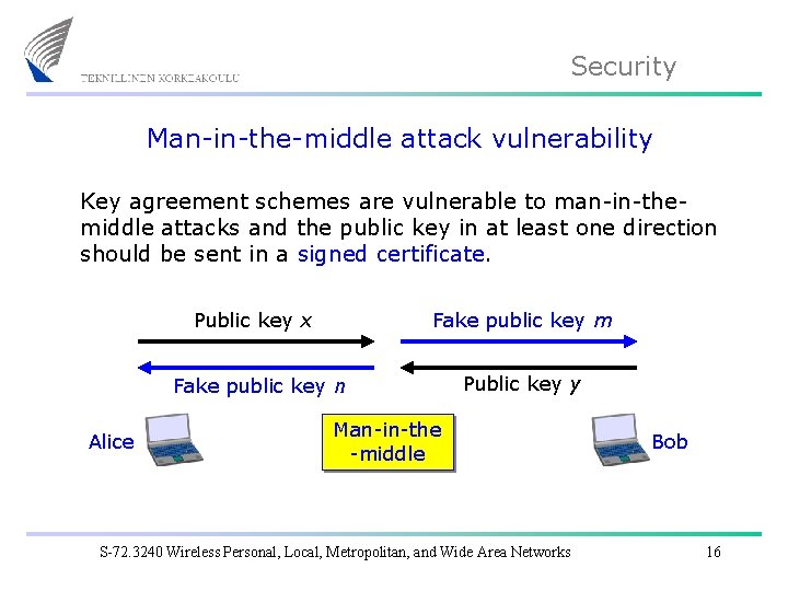 Security Man-in-the-middle attack vulnerability Key agreement schemes are vulnerable to man-in-themiddle attacks and the