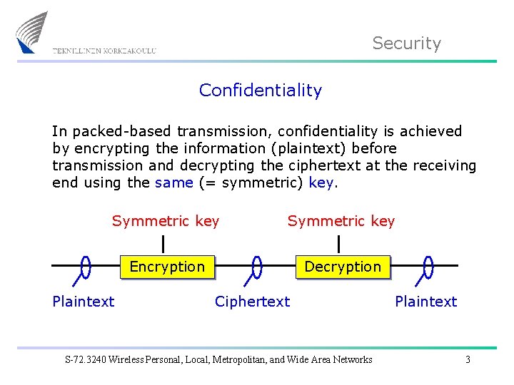 Security Confidentiality In packed-based transmission, confidentiality is achieved by encrypting the information (plaintext) before