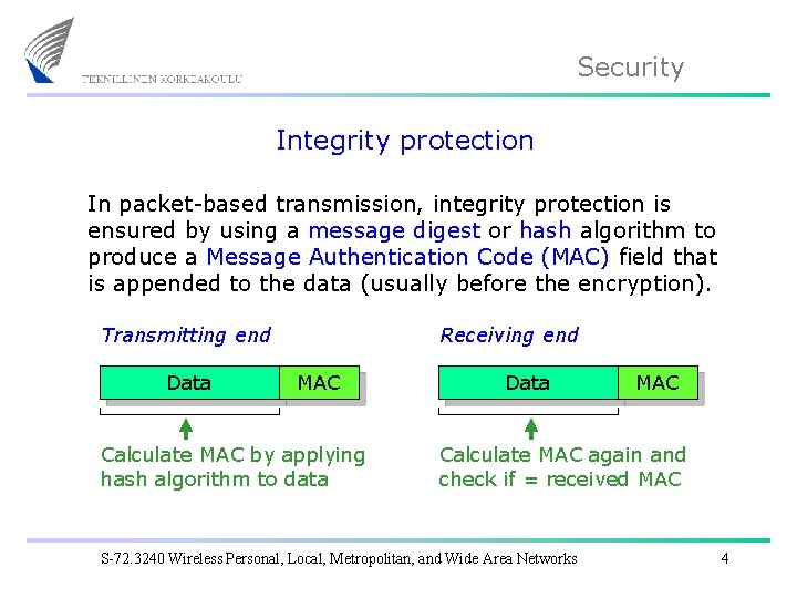 Security Integrity protection In packet-based transmission, integrity protection is ensured by using a message
