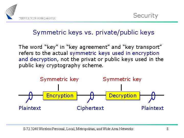 Security Symmetric keys vs. private/public keys The word “key” in “key agreement” and “key