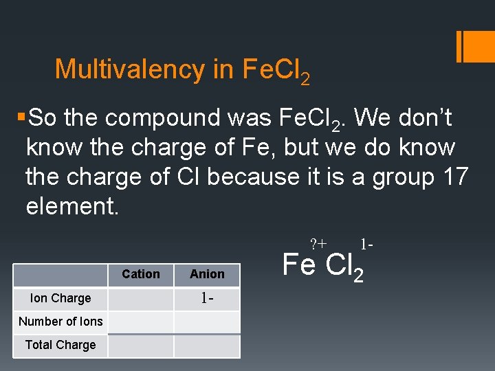 Multivalency in Fe. Cl 2 §So the compound was Fe. Cl 2. We don’t