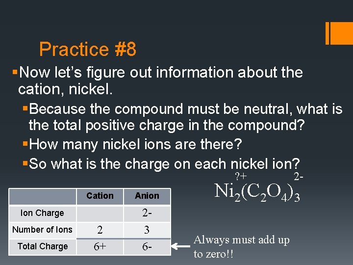 Practice #8 §Now let’s figure out information about the cation, nickel. §Because the compound