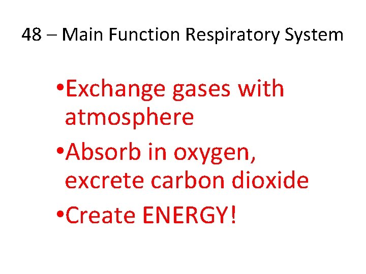 48 – Main Function Respiratory System • Exchange gases with atmosphere • Absorb in