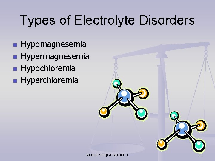 Types of Electrolyte Disorders n n Hypomagnesemia Hypermagnesemia Hypochloremia Hyperchloremia Medical Surgical Nursing 1