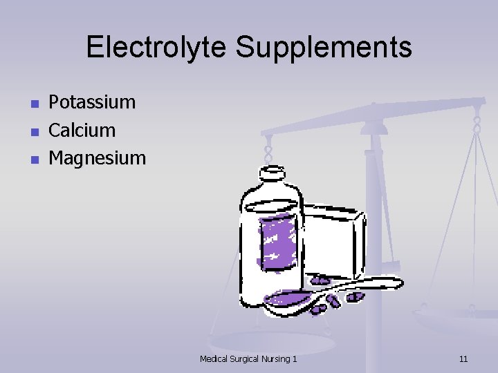 Electrolyte Supplements n n n Potassium Calcium Magnesium Medical Surgical Nursing 1 11 