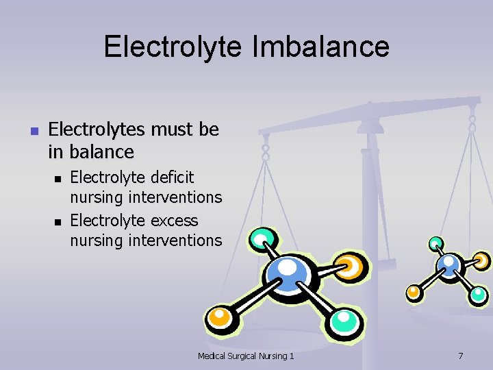 Electrolyte Imbalance n Electrolytes must be in balance n n Electrolyte deficit nursing interventions