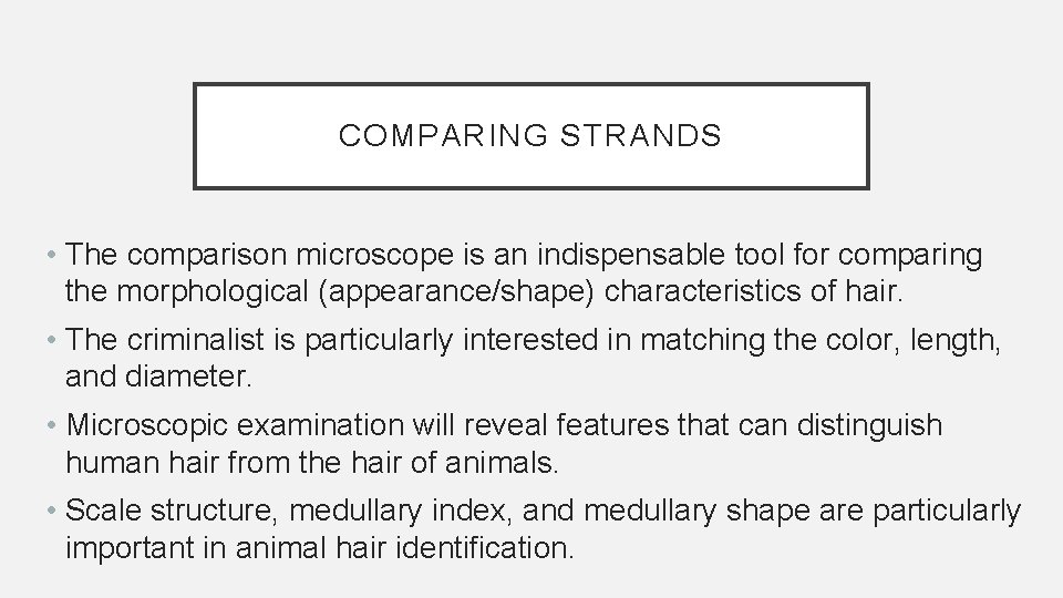 COMPARING STRANDS • The comparison microscope is an indispensable tool for comparing the morphological