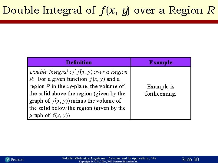 Double Integral of f (x, y) over a Region R Definition Double Integral of