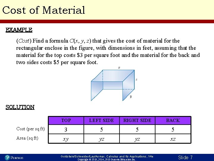 Cost of Material EXAMPLE (Cost) Find a formula C(x, y, z) that gives the