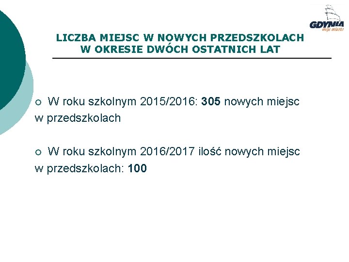 LICZBA MIEJSC W NOWYCH PRZEDSZKOLACH W OKRESIE DWÓCH OSTATNICH LAT W roku szkolnym 2015/2016: