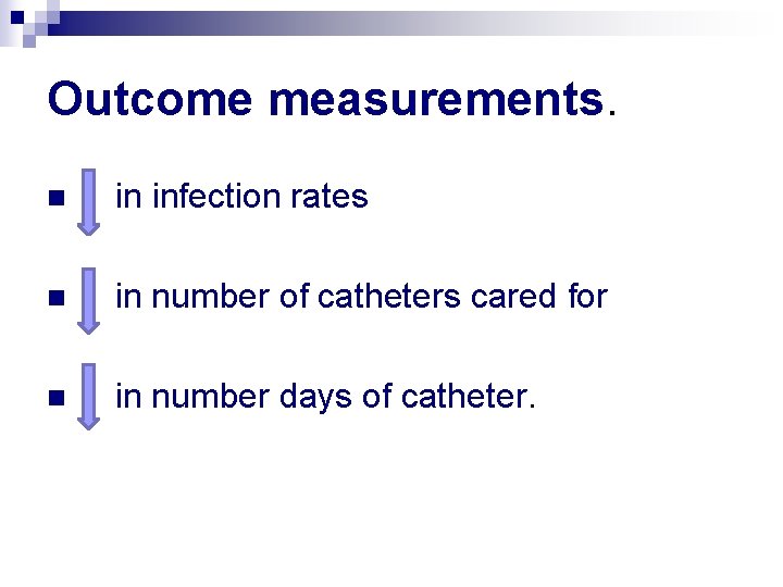 Outcome measurements. n in infection rates n in number of catheters cared for n