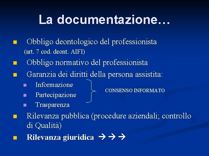 La documentazione… n Obbligo deontologico del professionista (art. 7 cod. deont. AIFI) n n