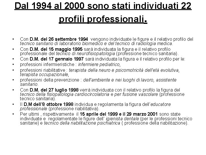 Dal 1994 al 2000 sono stati individuati 22 profili professionali. • • • Con