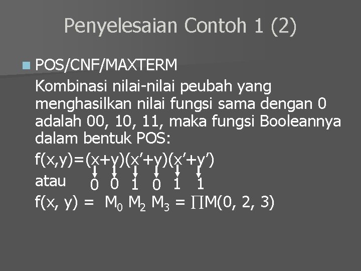 Penyelesaian Contoh 1 (2) n POS/CNF/MAXTERM Kombinasi nilai-nilai peubah yang menghasilkan nilai fungsi sama