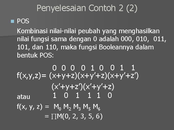 Penyelesaian Contoh 2 (2) n POS Kombinasi nilai-nilai peubah yang menghasilkan nilai fungsi sama