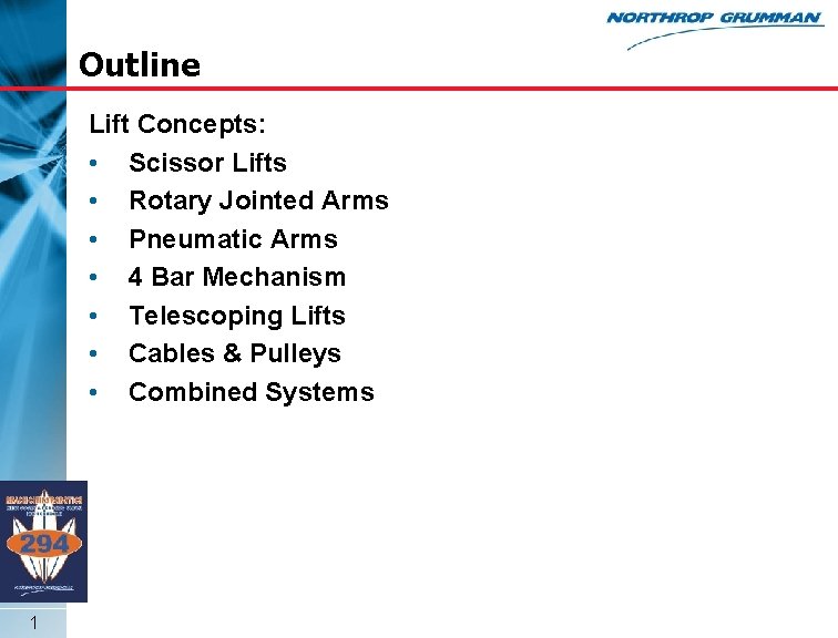 Outline Lift Concepts: • Scissor Lifts • Rotary Jointed Arms • Pneumatic Arms •