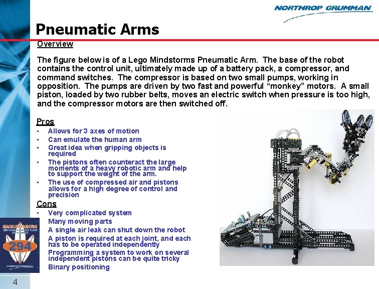 Pneumatic Arms Overview The figure below is of a Lego Mindstorms Pneumatic Arm. The