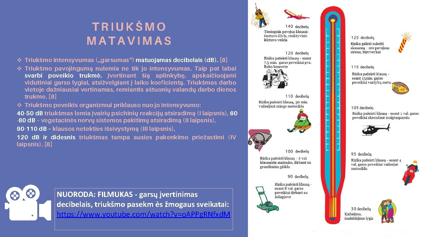 TRIUKŠMO MATAVIMAS v Triukšmo intensyvumas („garsumas“) matuojamas decibelais (d. B). [8] v Triukšmo pavojingumą